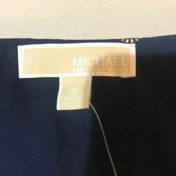 NWT Michael Kors Navy Blue/ Gold Floral Pattern Belted Tie Waist Ruffle Dress-M - Picture 11 of 12